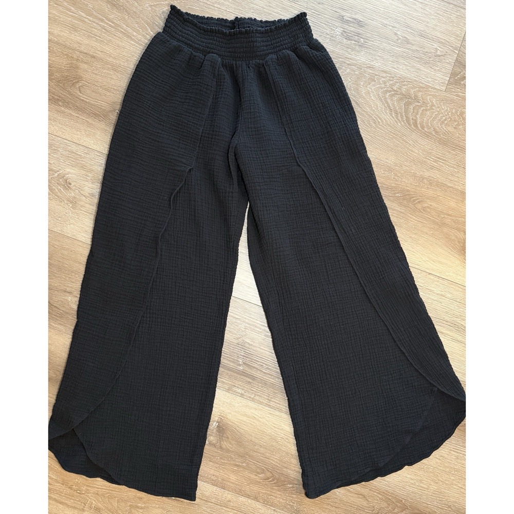 Roan + Ryan Black Cotton Gauze Wide Leg Split Pants Size M  Boho